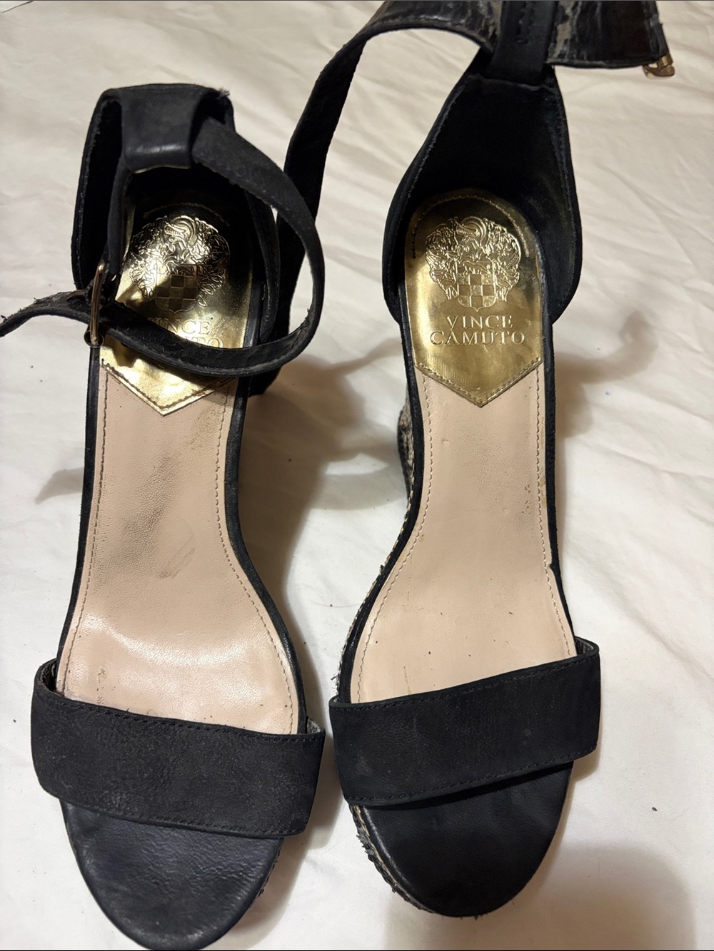 Vince Camuto Black Suede Open-Toe Ankle Strap Heels with Gold Insole